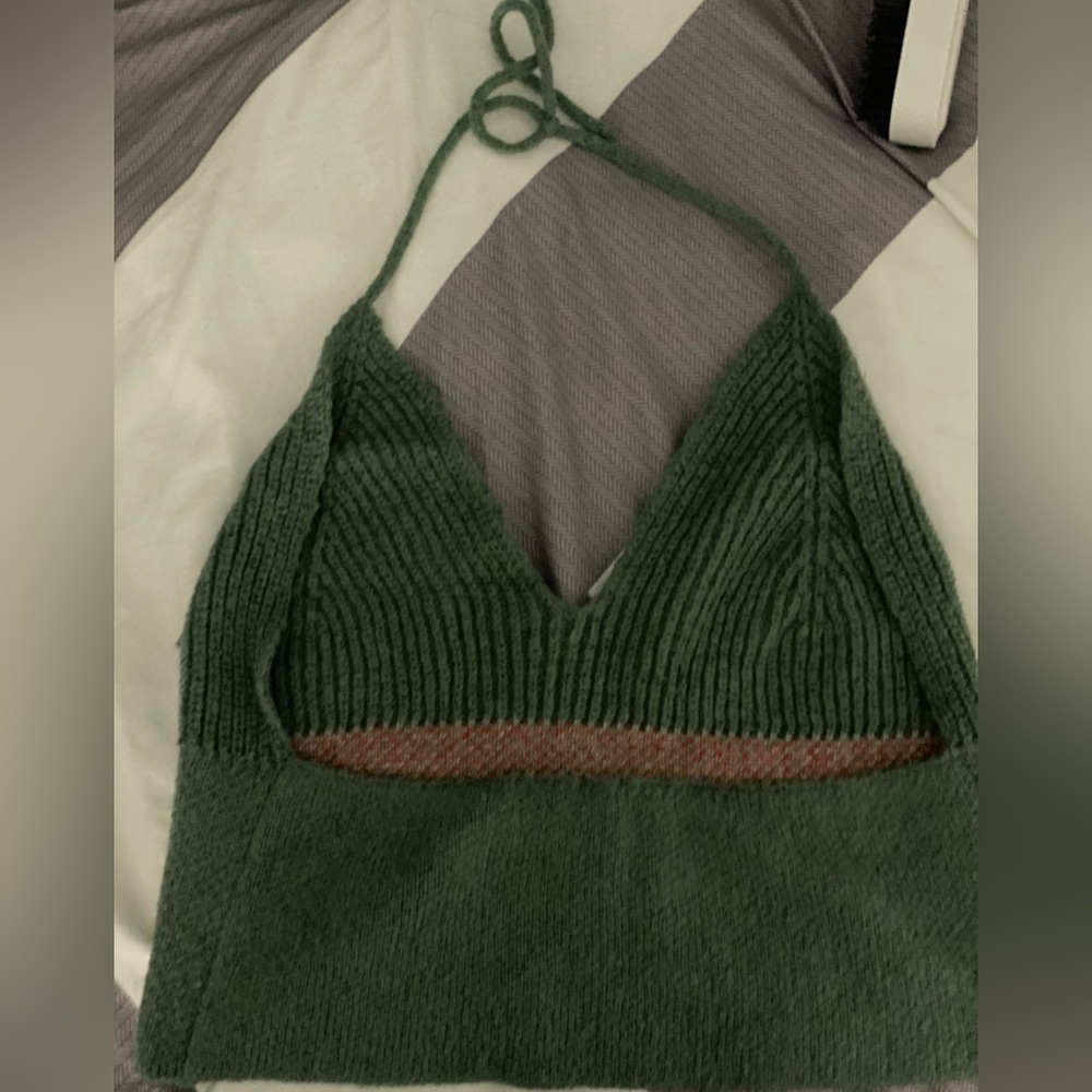 L-XL Green with Red Mushroom Print Cropped Halter Top